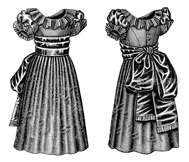 19世纪90年代维多利亚时代的时尚，小女孩帝国日礼服与缎面蝴蝶结裙(前面和后面)- 19世纪